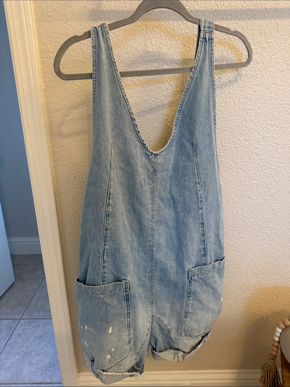 Free People Light Blue Denim Romper with Front Pockets
